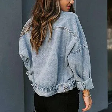 Fleece Jacket Women Denim Jackets for Women Casual Coats Long Sleeve Button Down Tops Leopard Patchwork Outerwear Casual Cropped Jean Jacket