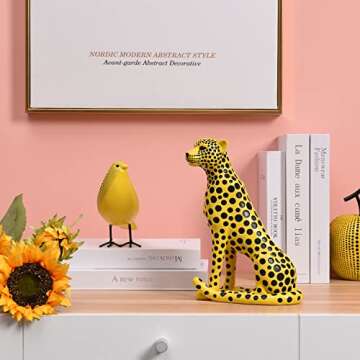 Quoowiit Sculptures Home Decor, Animal Statues and Figurine Shelf Decor, Desk Sculpture Decorations for Living Room, Office, House, Yellow Resin Art Decorative Sculpture with Black Polka Dots Design