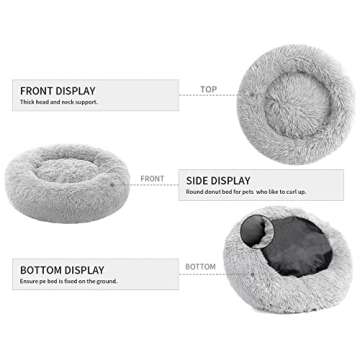 Calming Dog Bed for Medium Dogs, Anti Anxiety Donut Dog Bed, Round Dog Bed for Puppy, Plush Faux Fur Dog Bed, Fluffy Dog Bed, Soft Fuzzy Pet Bed, Machine Washable, 23x23inch Grey