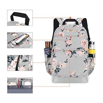 MOSISO 15.6-16 inch Laptop Backpack for Women, Polyester Anti-Theft Stylish Casual Daypack Bag with Luggage Strap & USB Charging Port, Camellia Travel Backpack, Grey