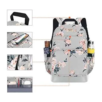 MOSISO 15.6-16 inch Laptop Backpack for Women, Polyester Anti-Theft Stylish Casual Daypack Bag with Luggage Strap & USB Charging Port, Camellia Travel Backpack, Grey