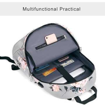 MOSISO 15.6-16 inch Laptop Backpack for Women, Polyester Anti-Theft Stylish Casual Daypack Bag with Luggage Strap & USB Charging Port, Camellia Travel Backpack, Grey