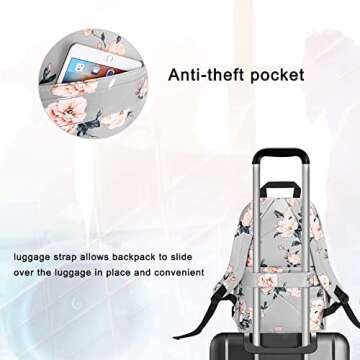MOSISO 15.6-16 inch Laptop Backpack for Women, Polyester Anti-Theft Stylish Casual Daypack Bag with Luggage Strap & USB Charging Port, Camellia Travel Backpack, Grey