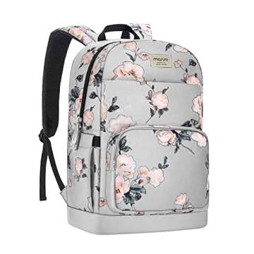 MOSISO 15.6-16 inch Laptop Backpack for Women, Polyester Anti-Theft Stylish Casual Daypack Bag with Luggage Strap & USB Charging Port, Camellia Travel Backpack, Grey