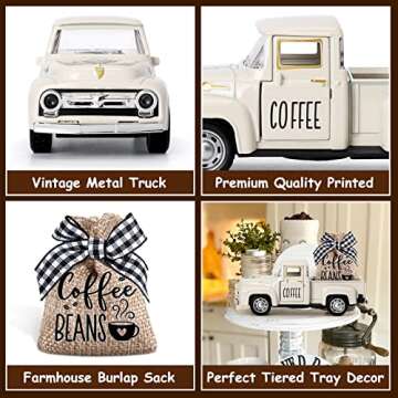 Huray Rayho Coffee Decor for Coffee Bar Metal Truck with Coffee Beans Burlap Sack Vintage Pickup Farmhouse Coffee Station Tabletop Tiered Tray Decor Mini Diecast Truck Decorations