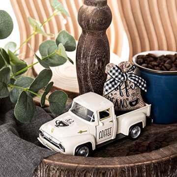 Huray Rayho Coffee Decor for Coffee Bar Metal Truck with Coffee Beans Burlap Sack Vintage Pickup Farmhouse Coffee Station Tabletop Tiered Tray Decor Mini Diecast Truck Decorations