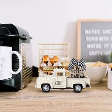 Huray Rayho Coffee Decor for Coffee Bar Metal Truck with Coffee Beans Burlap Sack Vintage Pickup Farmhouse Coffee Station Tabletop Tiered Tray Decor Mini Diecast Truck Decorations