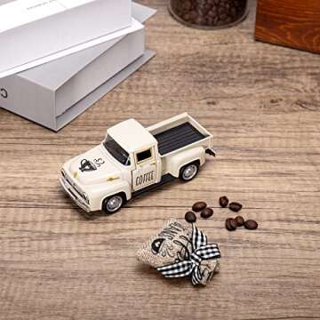 Huray Rayho Coffee Decor for Coffee Bar Metal Truck with Coffee Beans Burlap Sack Vintage Pickup Farmhouse Coffee Station Tabletop Tiered Tray Decor Mini Diecast Truck Decorations