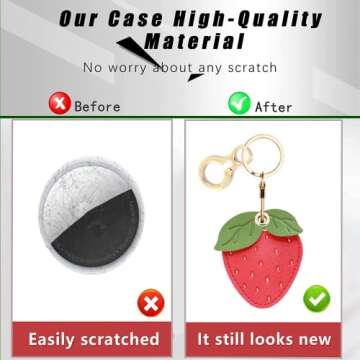 Leather Keychain Holder Case Compatible with Apple AirTag, Cute Protective Air Tag Cover with Keychain Ring, Anti-Scratch Finder GPS Tracker Case for Wallet Keys(Strawberry-B)