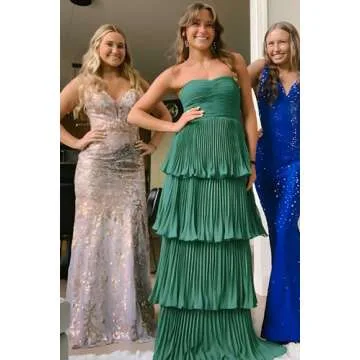 Ruffle Tiered Strapless Ocean Blue Prom Dress for Teens 2025 Chiffon A Line Modest Prom Dresses for Women Off The Shoulder Backless Long Formal Gown US8