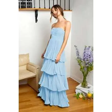 Ruffle Tiered Strapless Ocean Blue Prom Dress for Teens 2025 Chiffon A Line Modest Prom Dresses for Women Off The Shoulder Backless Long Formal Gown US8