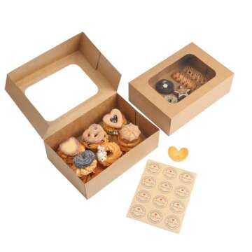 YEKTFS 24 Pcs Cookie Boxes with Window for Paper Gift Giving Brown Bakery Cupcake Boxes 9" x 6.3" x ...