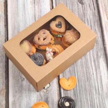 YEKTFS 24 Pcs Cookie Boxes with Window for Paper Gift Giving Brown Bakery Cupcake Boxes 9" x 6.3" x 3" for Packaging Easy Estate Holiday Pastry Dessert Boxes for Pastries,Cookies, Donuts.