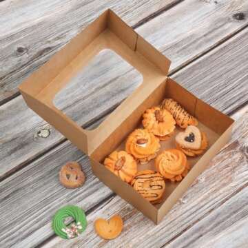 YEKTFS 24 Pcs Cookie Boxes with Window for Paper Gift Giving Brown Bakery Cupcake Boxes 9" x 6.3" x 3" for Packaging Easy Estate Holiday Pastry Dessert Boxes for Pastries,Cookies, Donuts.