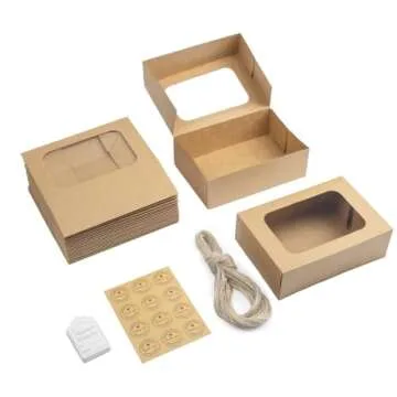 YEKTFS 24 Pcs Cookie Boxes with Window for Paper Gift Giving Brown Bakery Cupcake Boxes 9" x 6.3" x 3" for Packaging Easy Estate Holiday Pastry Dessert Boxes for Pastries,Cookies, Donuts.