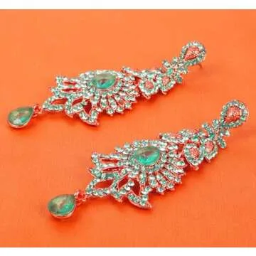 Touchstone Hollywood Glamour Oscar Collection Extra Long Chandelier Earrings, Indian Paisley Motif Filigree Turquoise Blue Rhinestones, Designer Bridal Jewelry, Antique Gold Tone