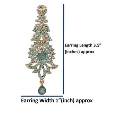 Touchstone Hollywood Glamour Oscar Collection Extra Long Chandelier Earrings, Indian Paisley Motif Filigree Turquoise Blue Rhinestones, Designer Bridal Jewelry, Antique Gold Tone