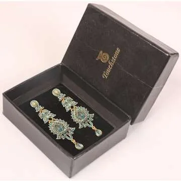 Touchstone Hollywood Glamour Oscar Collection Extra Long Chandelier Earrings, Indian Paisley Motif Filigree Turquoise Blue Rhinestones, Designer Bridal Jewelry, Antique Gold Tone