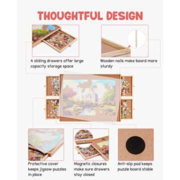 Gamenote Wooden Jigsaw Puzzle Table with Drawers & Cover Mat, 23" X 31" Portable Puzzle Board for 1000 Pieces Puzzle for Adults and Kids