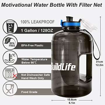 BuildLife Gallon Water Bottles with Times to Drink - Gallon Water Jug - 1 Gallon Water Bottle–128 oz Water Bottle,One Gallon Water Bottle with Time Marke for Gym(Black, 1 Gallon)