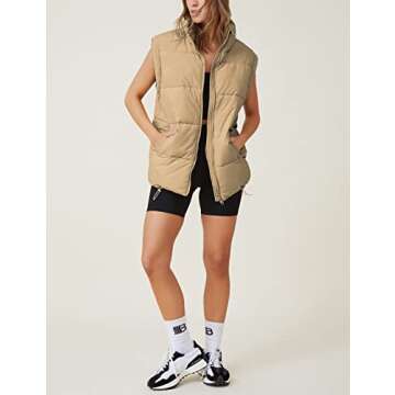 Watashi Women's Quilted Puffer Vest Stand Collar Fall Drawstring Zip Up Sleeveless Gilet Jacket(Khaki-XXL)