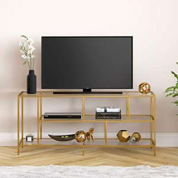 Henn&Hart Rectangular TV Stand with Glass Shelves for TV's up to 60" in Brass, TV Stands for the Living Room