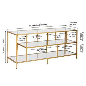 Henn&Hart Rectangular TV Stand with Glass Shelves for TV's up to 60" in Brass, TV Stands for the Living Room