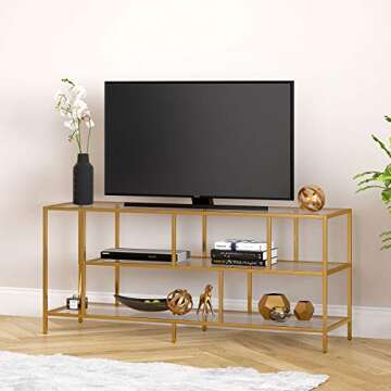 Henn&Hart Rectangular TV Stand with Glass Shelves for TV's up to 60" in Brass, TV Stands for the Living Room