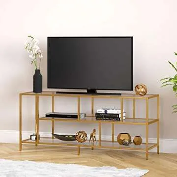 Henn&Hart Rectangular TV Stand with Glass Shelves for TV's up to 60" in Brass, TV Stands for the Living Room