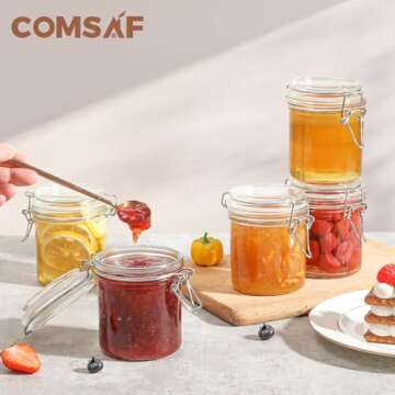 ComSaf 8oz Small Airtight Glass Jars Set of 6 with Lid Food Storage Jar Round, Mini Storage Container with Clear Preserving Seal Wire Clip Fastening for Kitchen Canning, Jam, Spice, Honey, Mason Jars