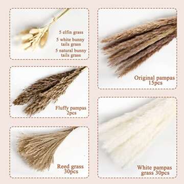 Happyhapi Natural Dried Pampas Grass Bouquet 92Pcs for Boho Home Decor Mixed Dried Flowers for Wedding Decor Pompas Floral Arrangements, Farmhouse Rustic Decor