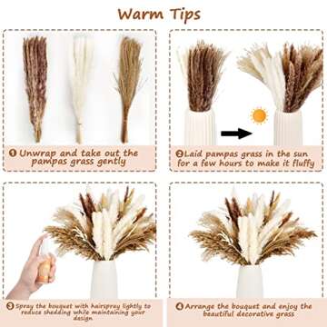 Happyhapi Natural Dried Pampas Grass Bouquet 92Pcs for Boho Home Decor Mixed Dried Flowers for Wedding Decor Pompas Floral Arrangements, Farmhouse Rustic Decor