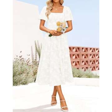 ZESICA Women's Summer Boho Floral Midi Dresses 2025 Casual Short Sleeve Square Neck Flowy Beach Vacation Long Dress,White,Medium