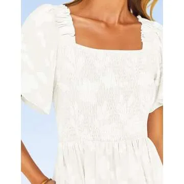 ZESICA Women's Summer Boho Floral Midi Dresses 2025 Casual Short Sleeve Square Neck Flowy Beach Vacation Long Dress,White,Medium