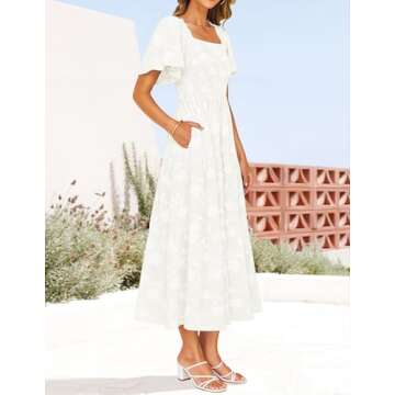 ZESICA Women's Summer Boho Floral Midi Dresses 2025 Casual Short Sleeve Square Neck Flowy Beach Vacation Long Dress,White,Medium