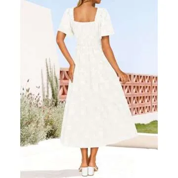ZESICA Women's Summer Boho Floral Midi Dresses 2025 Casual Short Sleeve Square Neck Flowy Beach Vacation Long Dress,White,Medium