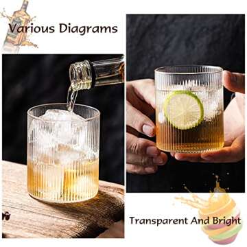 IYTBILQ 10 oz Ice Coffee Cups, Glass Cups Vintage Glassware Set of 6, Origami Style Transparent Tea Set Heat Resistant Ribbed Drinking Glasses