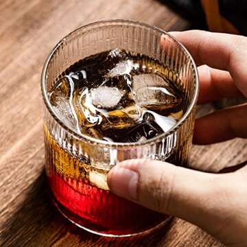 IYTBILQ 10 oz Ice Coffee Cups, Glass Cups Vintage Glassware Set of 6, Origami Style Transparent Tea Set Heat Resistant Ribbed Drinking Glasses