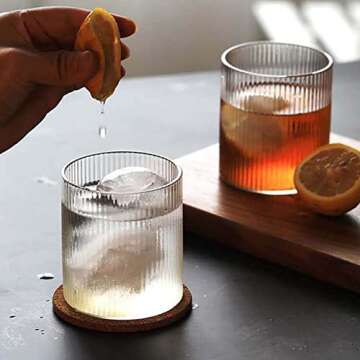 IYTBILQ 10 oz Ice Coffee Cups, Glass Cups Vintage Glassware Set of 6, Origami Style Transparent Tea Set Heat Resistant Ribbed Drinking Glasses