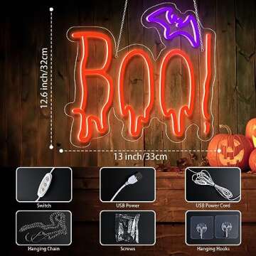 Halloween Neon Sign, Orange Purple BOO Bat Neon Light Up Sign for Halloween Party Decorations, Dimmable Neon Halloween Led Sign for Wall Decor, Spooky Boo Neon Sign for Trick or Treat Party Backdrop