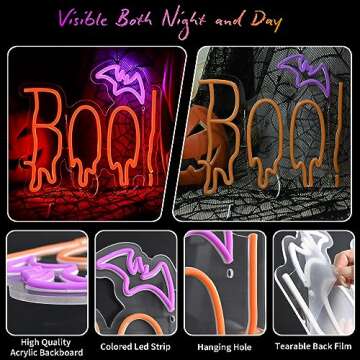 Halloween Neon Sign, Orange Purple BOO Bat Neon Light Up Sign for Halloween Party Decorations, Dimmable Neon Halloween Led Sign for Wall Decor, Spooky Boo Neon Sign for Trick or Treat Party Backdrop
