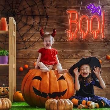 Halloween Neon Sign, Orange Purple BOO Bat Neon Light Up Sign for Halloween Party Decorations, Dimmable Neon Halloween Led Sign for Wall Decor, Spooky Boo Neon Sign for Trick or Treat Party Backdrop