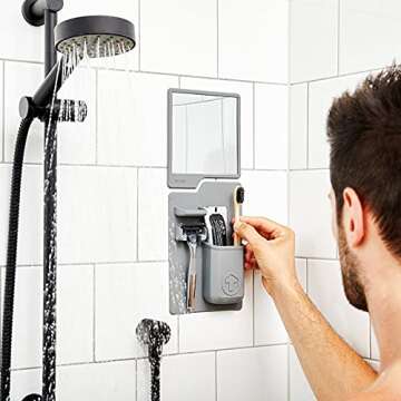 Tooletries - The Harvey & Oliver Set - Toothbrush & Razor Holder and Fog Resistant Mirror - Silicone Shower & Bathroom Accessory - Features Silicone-Grip Technology, Removable & Reusable - Grey