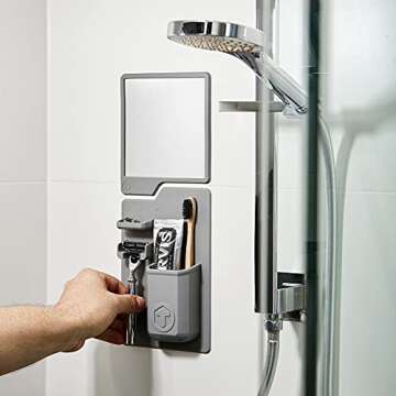 Tooletries - The Harvey & Oliver Set - Toothbrush & Razor Holder and Fog Resistant Mirror - Silicone Shower & Bathroom Accessory - Features Silicone-Grip Technology, Removable & Reusable - Grey