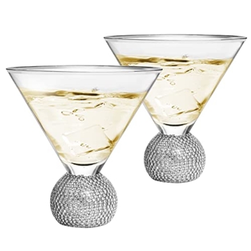 The Wine Savant Wedding Diamond Studded Martini & Cocktail Glasses Set of 2 Matte Silver Glasses, Rh...