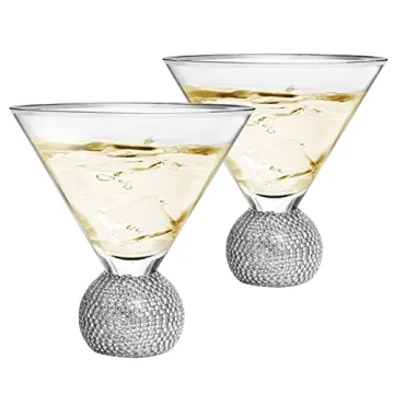 The Wine Savant Wedding Diamond Studded Martini & Cocktail Glasses Set of 2 Matte Silver Glasses, Rh...