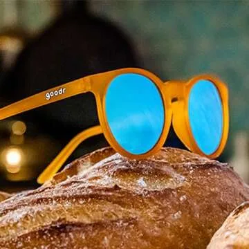 goodr Freshly Baked Man Buns Polarized Round Sunglasses for Men & Women, Small Sized (Circle G), Dark Yellow Translucent Frames with Blue Mirrored Reflective Lens, UV400 Protection, No Slip, No Bounce