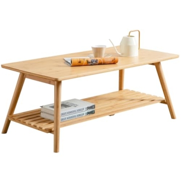 Foldable Bamboo Coffee Table - Mid Century TV Stand with Storage Shelf