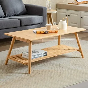 Foldable Bamboo Coffee Table with Storage Shelf Mid Century Design
