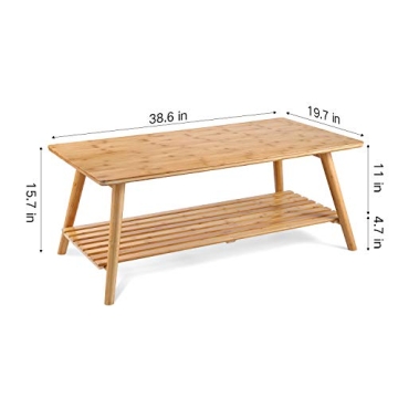 Foldable Bamboo Coffee Table with Storage Shelf Mid Century Design